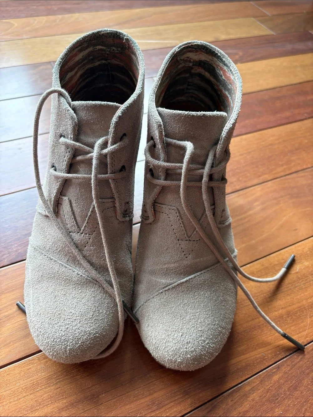 Toms Taupe Suede Lace-Up Wedge Booties